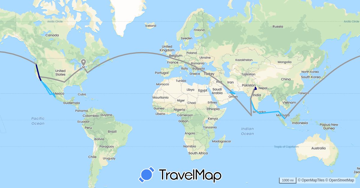 TravelMap itinerary: driving, plane, boat in United Arab Emirates, Canada, France, India, Japan, Sri Lanka, Maldives, Mexico, Malaysia, Oman, Singapore, Thailand, Turkey, United States (Asia, Europe, North America)
